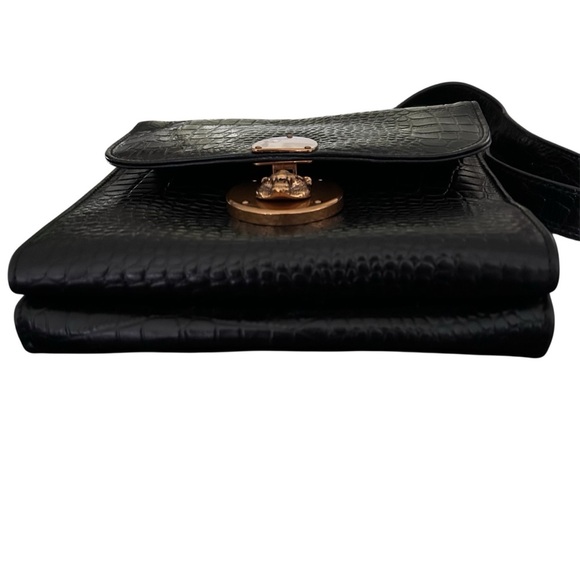 Sharif Croc-Embossed Black Leather Crossbody Bag with Gold Tiger Clasp - Picture 4 of 6